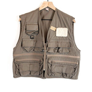 Vintage South Bend SIZE L Fly Fishing Hunting Photographer Khaki Vest 15 Pockets